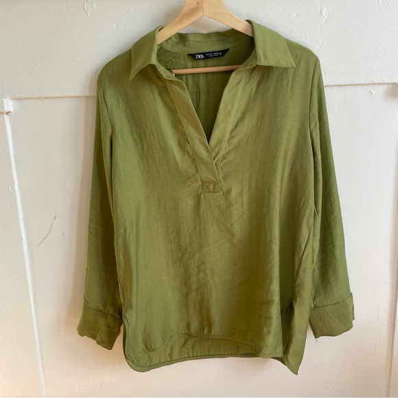 Zara Tops - ZARA Green Lyocell Oversized V-Neck Long Sleeve Blouse